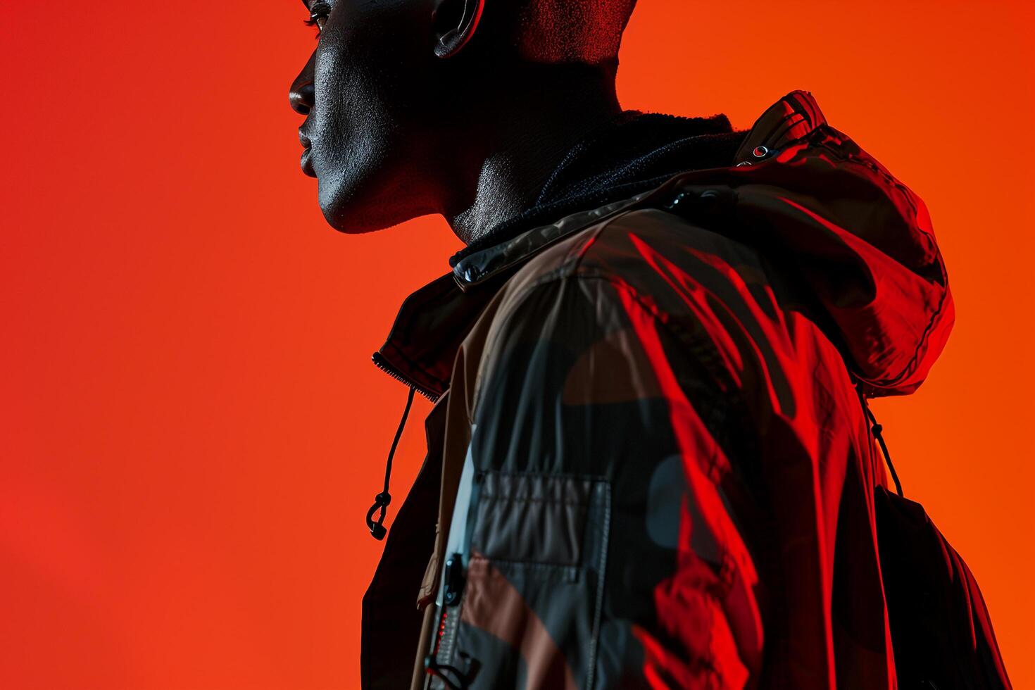 Handsome male model in graphic jacket burnt orange background fashionable portrait showcasing modern fashion and trendy lifestyle eleMalets photo