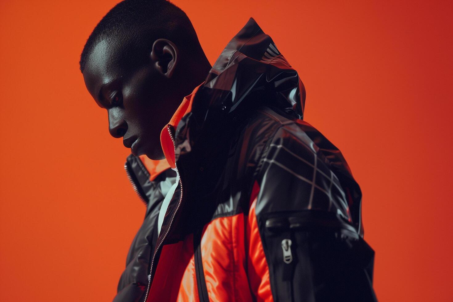 Trendy male model in graphic jacket burnt orange cloth background fashionable portrait capturing modern urban fashion and lifestyle eleMalets photo
