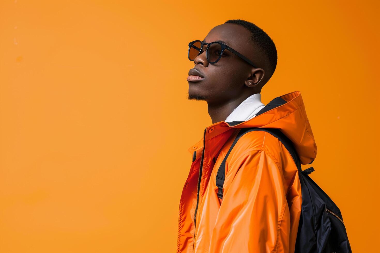 Stylish male model in sports jacket bright orange background trendy portrait capturing fashionable lifestyle and bold urban fashion trends photo