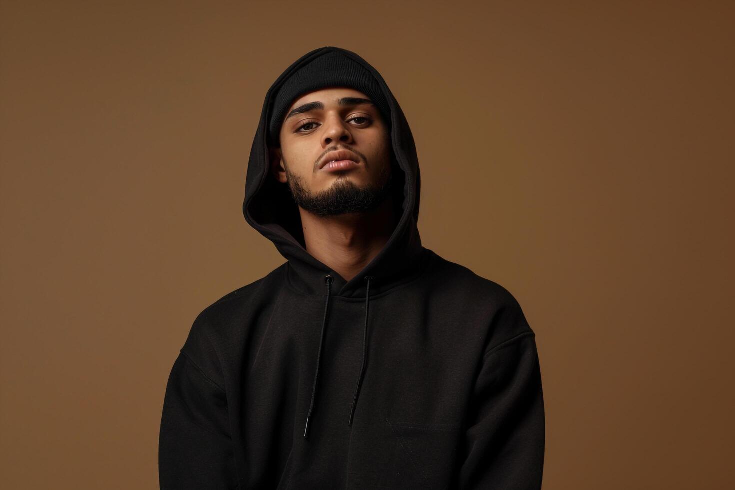 Stylish male model in streetwear hoodie soft brown background cozy portrait reflecting contemporary fashion and comfortable lifestyle trends photo