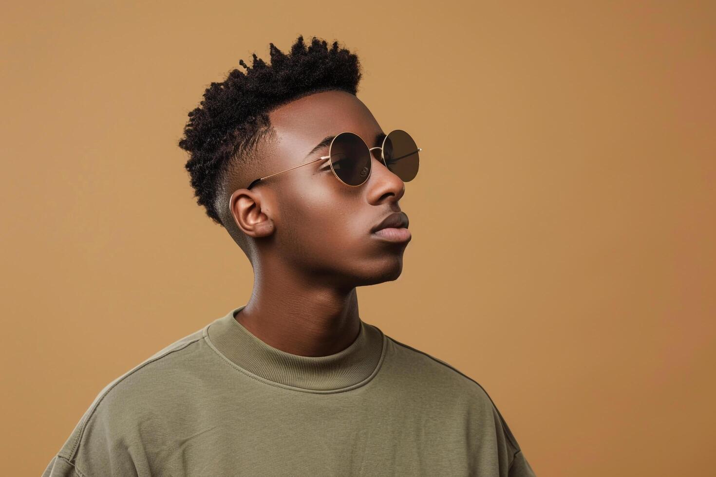 Trendy male model in light olive pullover sunglasses soft beige background stylish portrait showcasing contemporary fashion and lifestyle trends photo