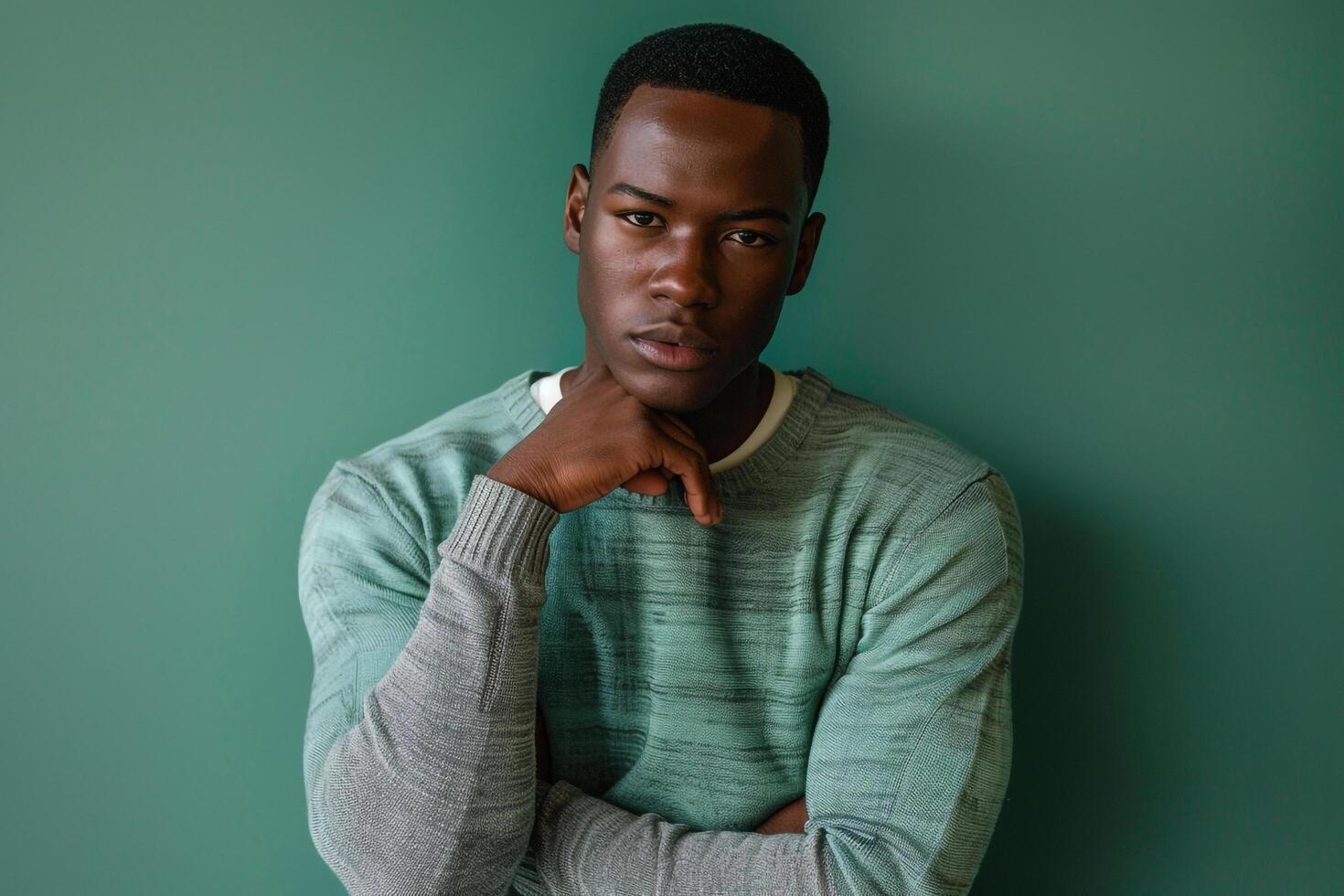Handsome male model in light charcoal pullover mint background stylish portrait capturing modern fashion and trendy lifestyle eleMalets photo