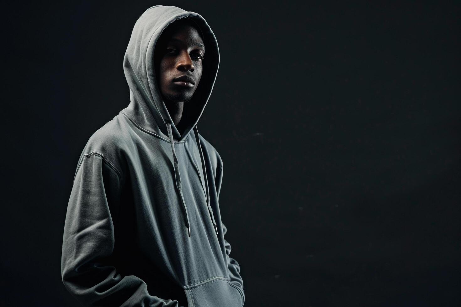 Trendy male model in streetwear hoodie charcoal black background stylish portrait capturing contemporary fashion and urban lifestyle photo