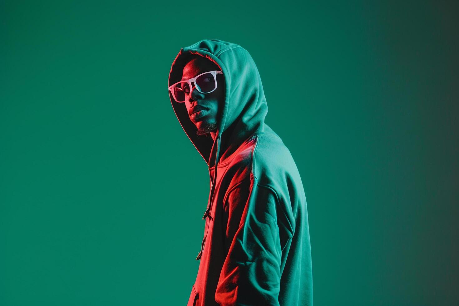 Stylish male fashion model in streetwear hoodie neon green background highlighting a fashionable lifestyle with a chic and trendy portrait photo