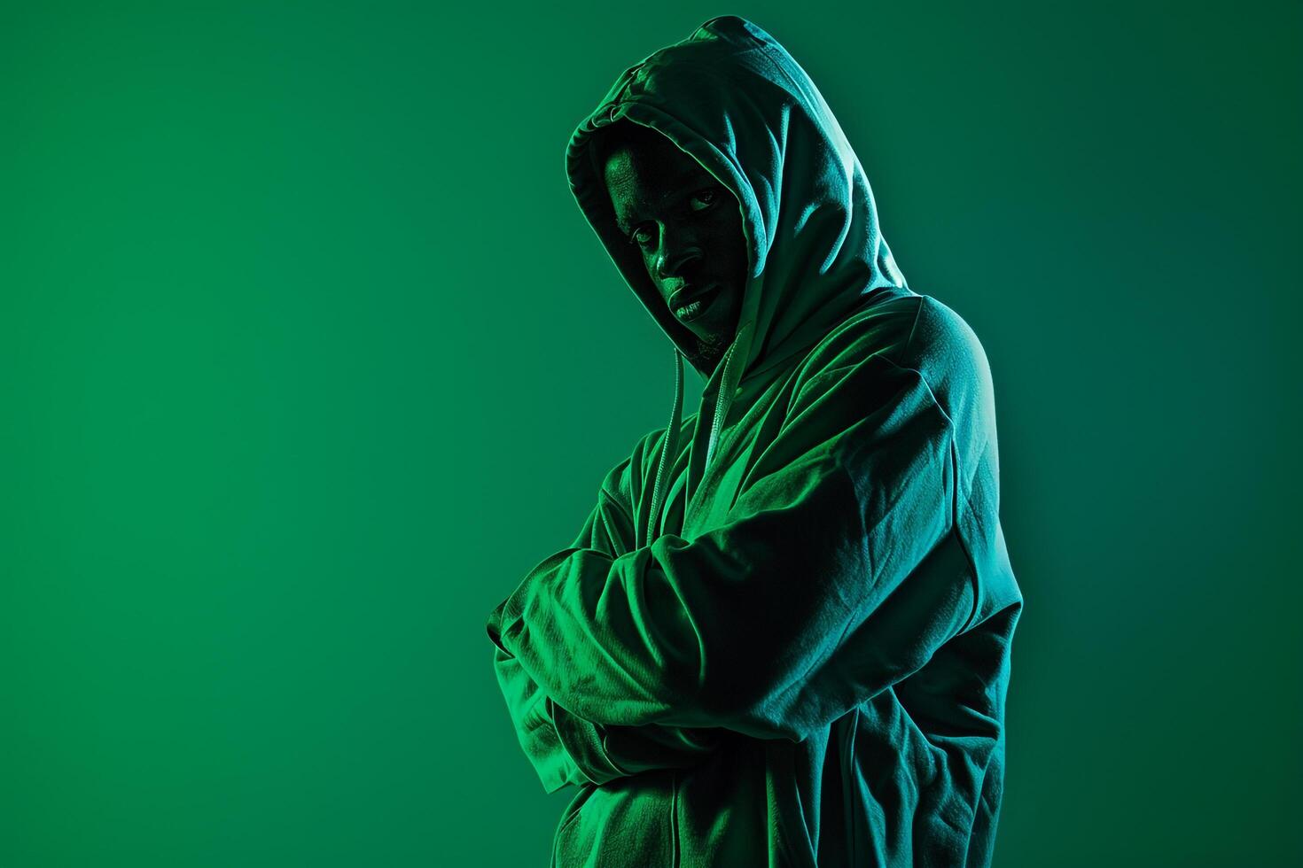 Fashionable male model in streetwear hoodie neon green background emphasizing a trendy lifestyle with a modern fashion portrait that stands out photo