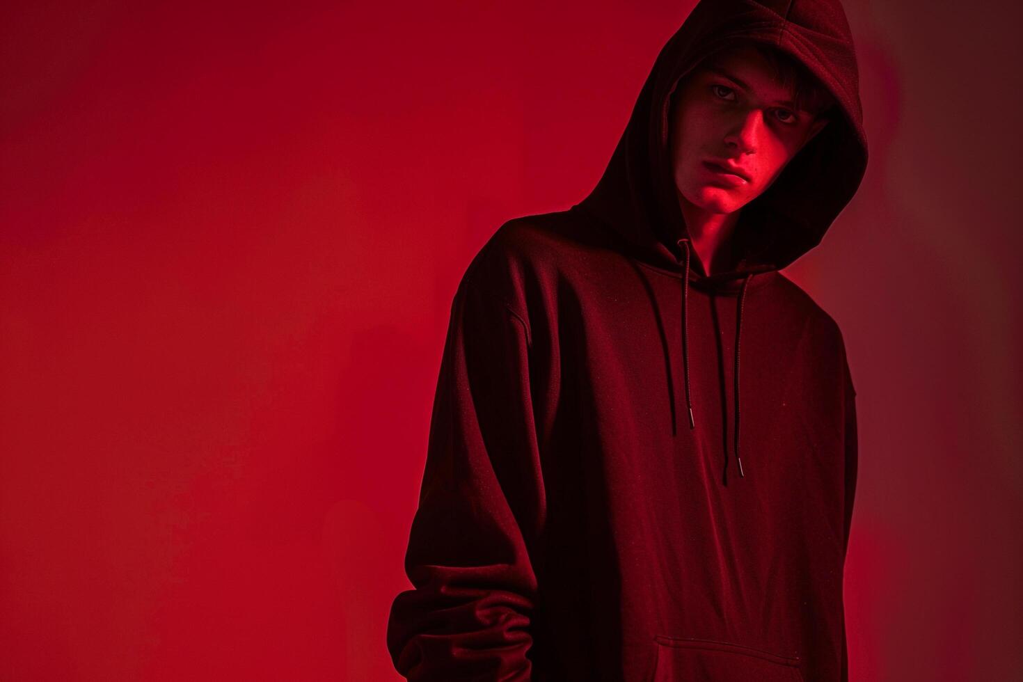 Stylish male model in streetwear hoodie maroon background capturing a fashionable lifestyle with a trendy portrait featuring modern fashion trends photo