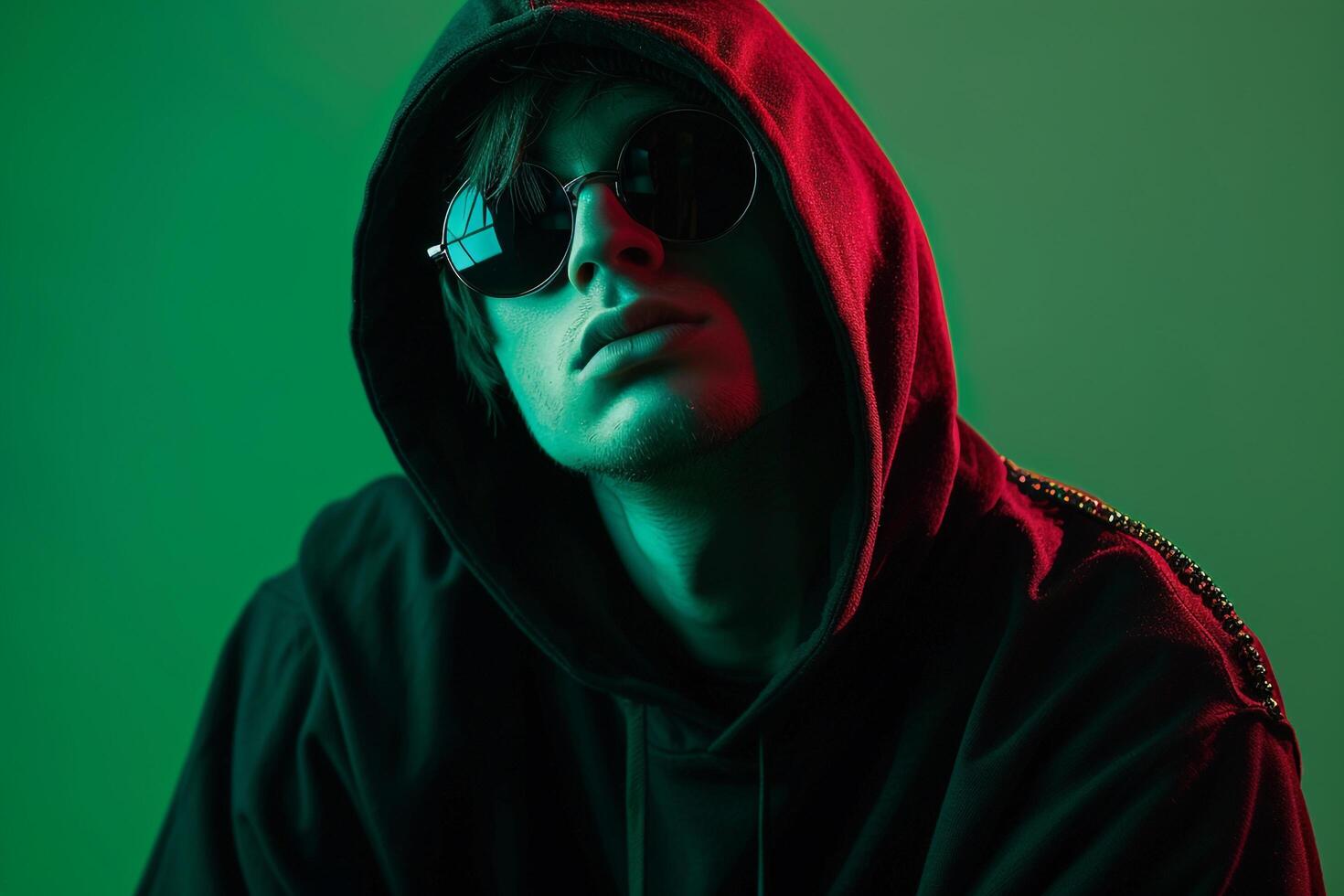 Modern male model in black hoodie with dramatic eyewear neon green background emphasizing a trendy and stylish lifestyle in a fashionable portrait photo