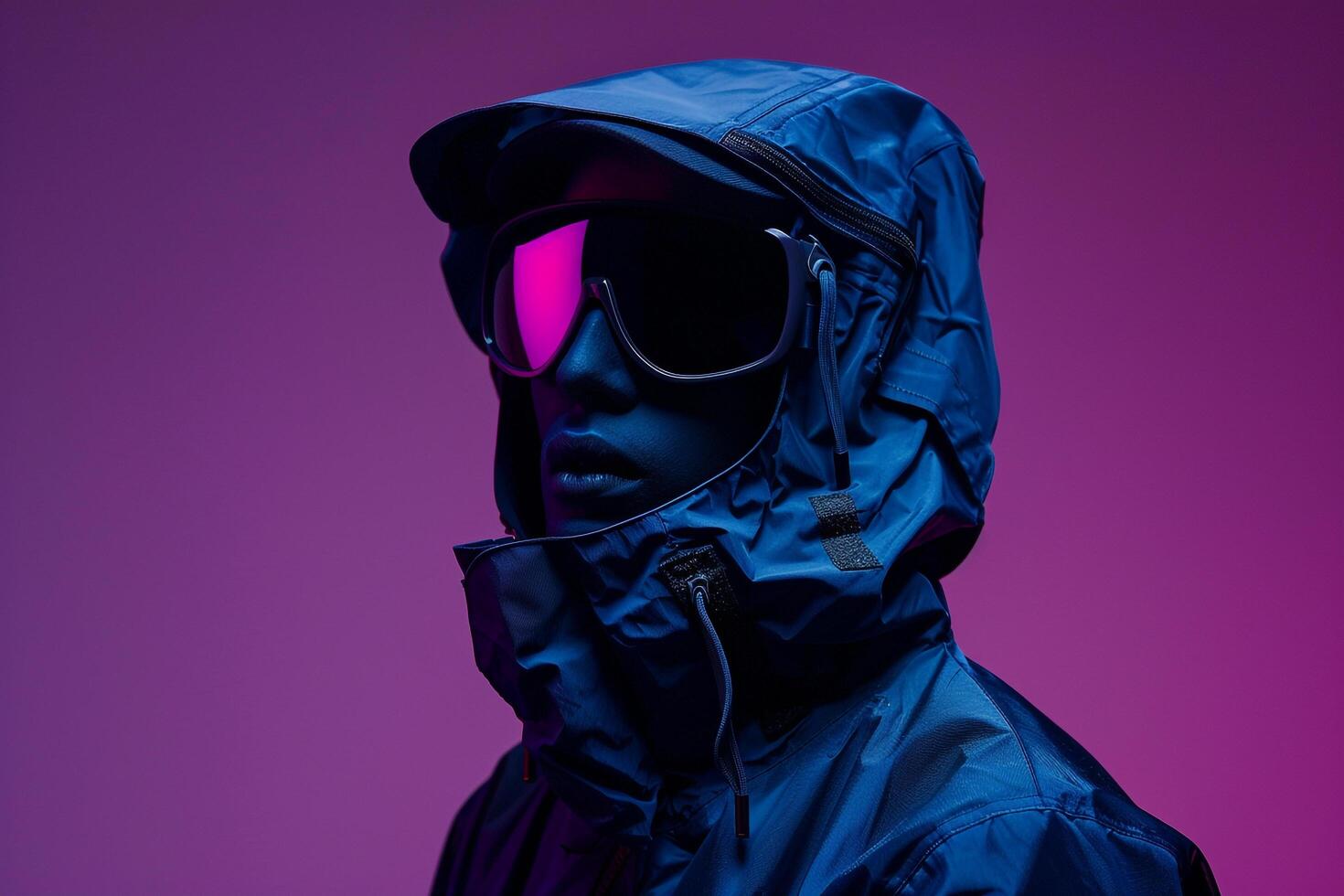 Stylish male fashion model in dark blue clothwear jacket sunglasses neon purple background presenting a contemporary lifestyle with a high fashion portrait photo
