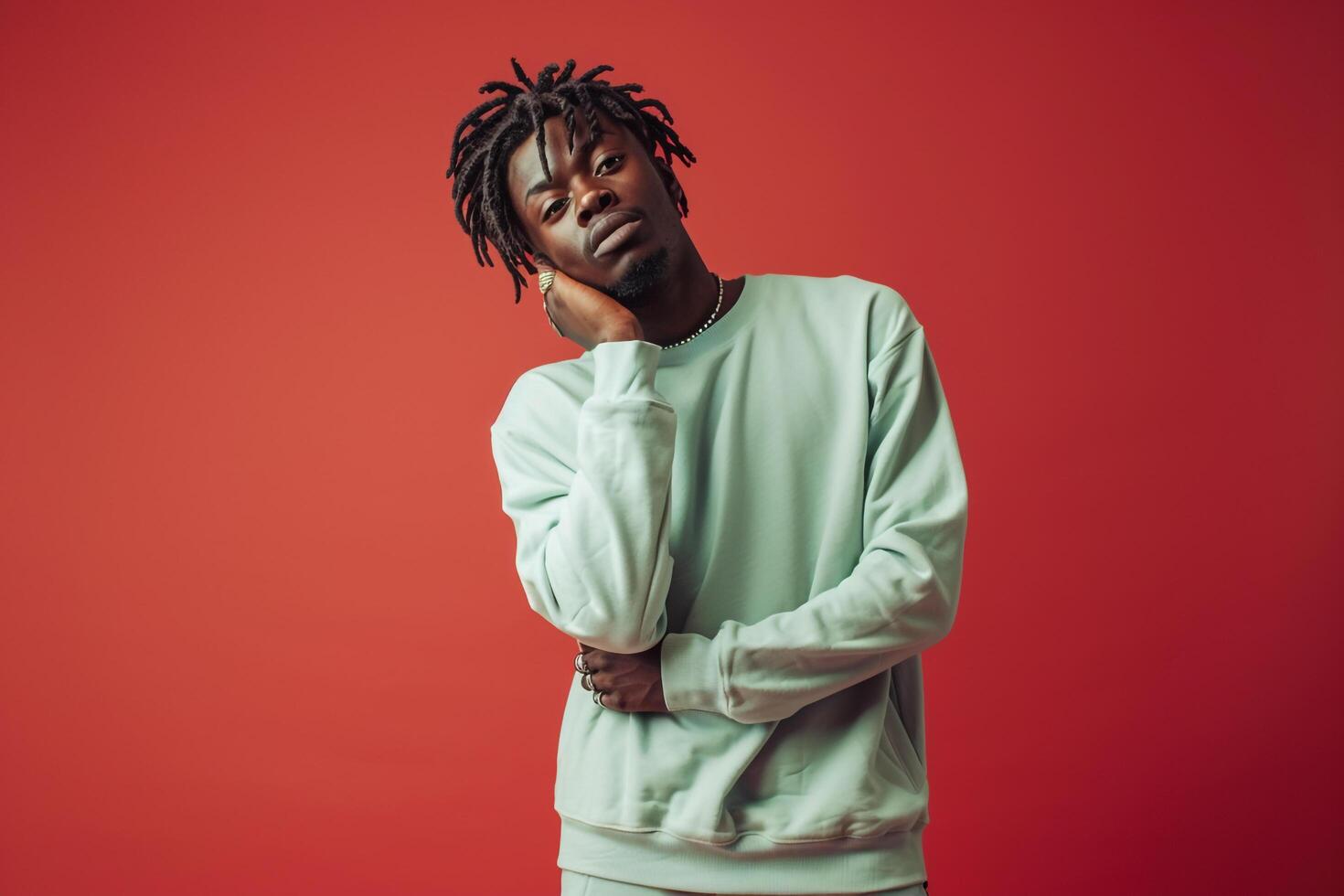 Handsome male model in light green sweatshirt burgundy red background showcasing a stylish lifestyle and modern fashion in a fashionable portrait photo