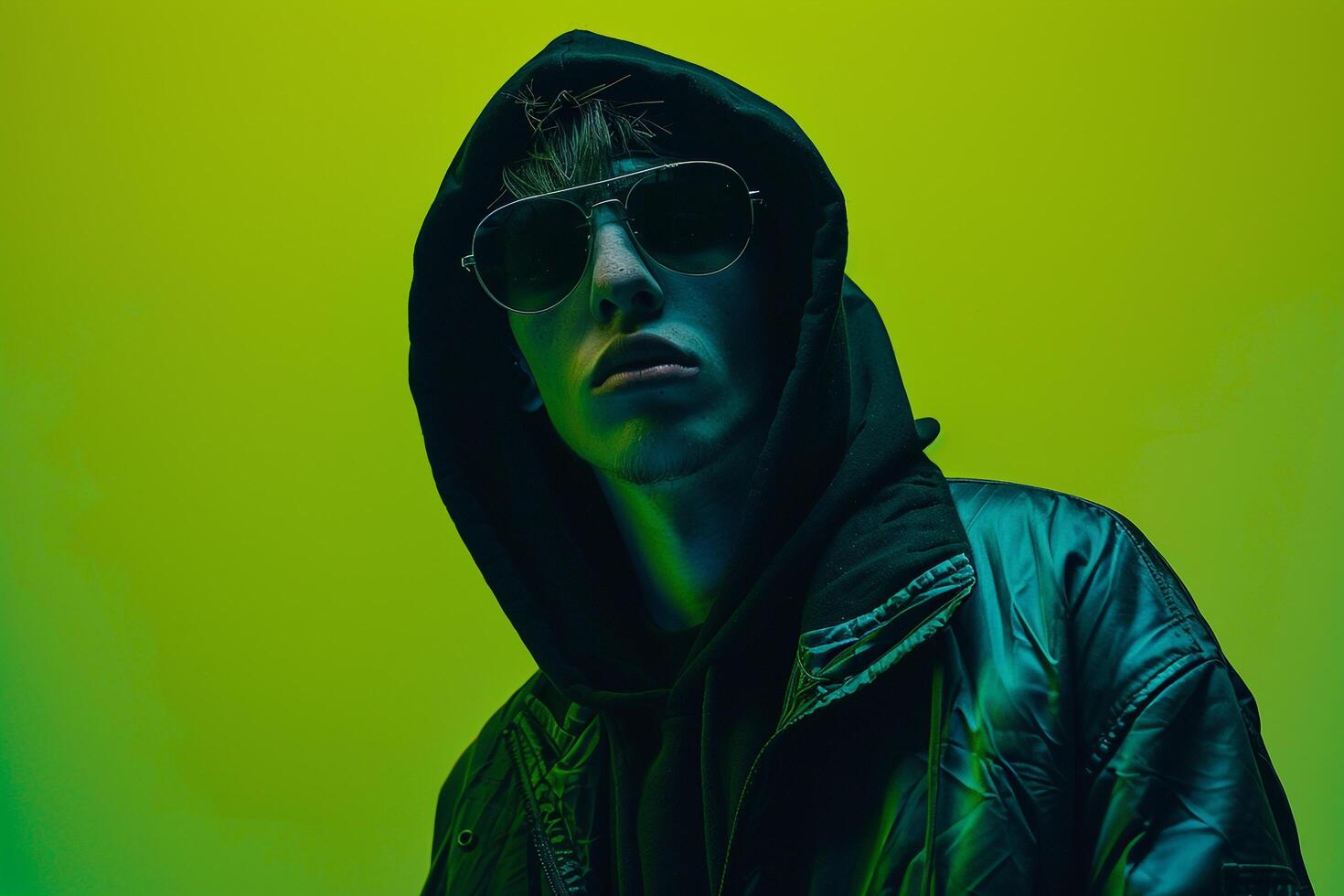 Chic male fashion model in black hoodie with dramatic eyewear neon green background capturing a fashionable and trendy lifestyle in a stylish portrait photo