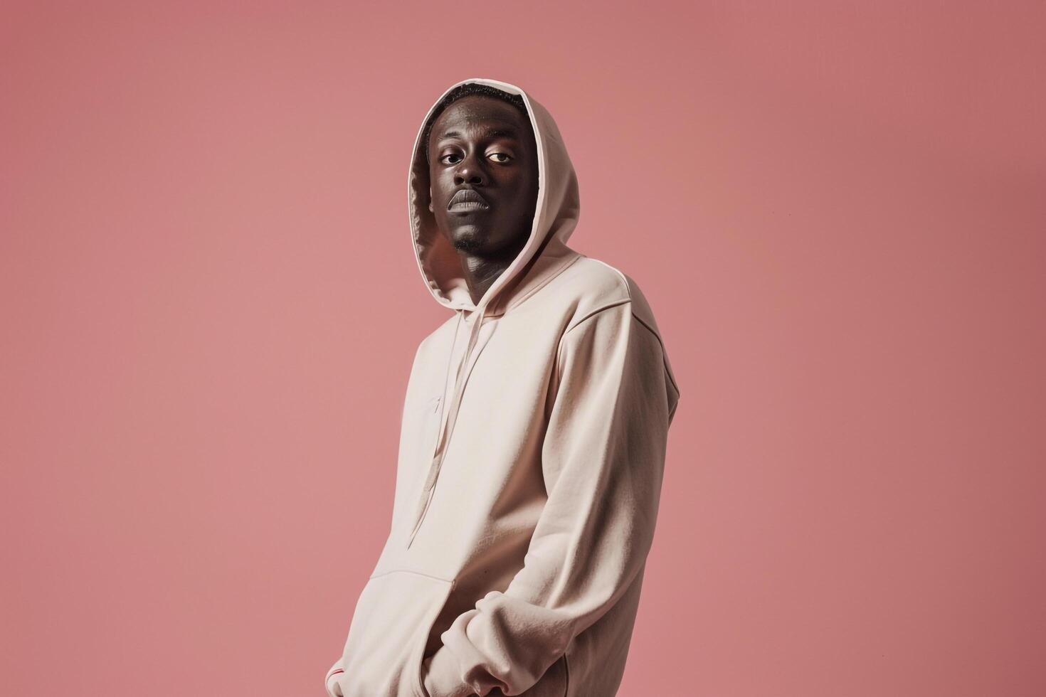 Fashionable male model in soft beige hoodie dusty pink background showcasing a stylish lifestyle and capturing a contemporary fashion portrait photo