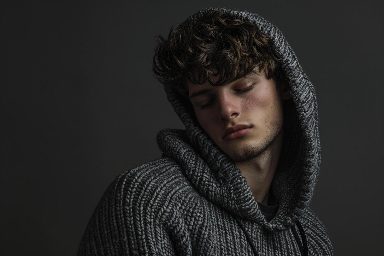 Stylish male model in knitted hoodie charcoal gray background emphasizing a fashionable lifestyle with a chic and modern portrait photo
