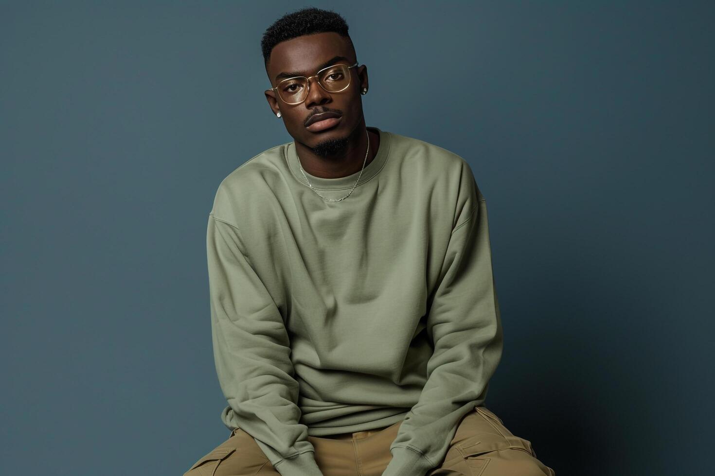 Handsome male model in light olive sweatshirt dusty blue background capturing a stylish and modern lifestyle with a fashionable portrait photo