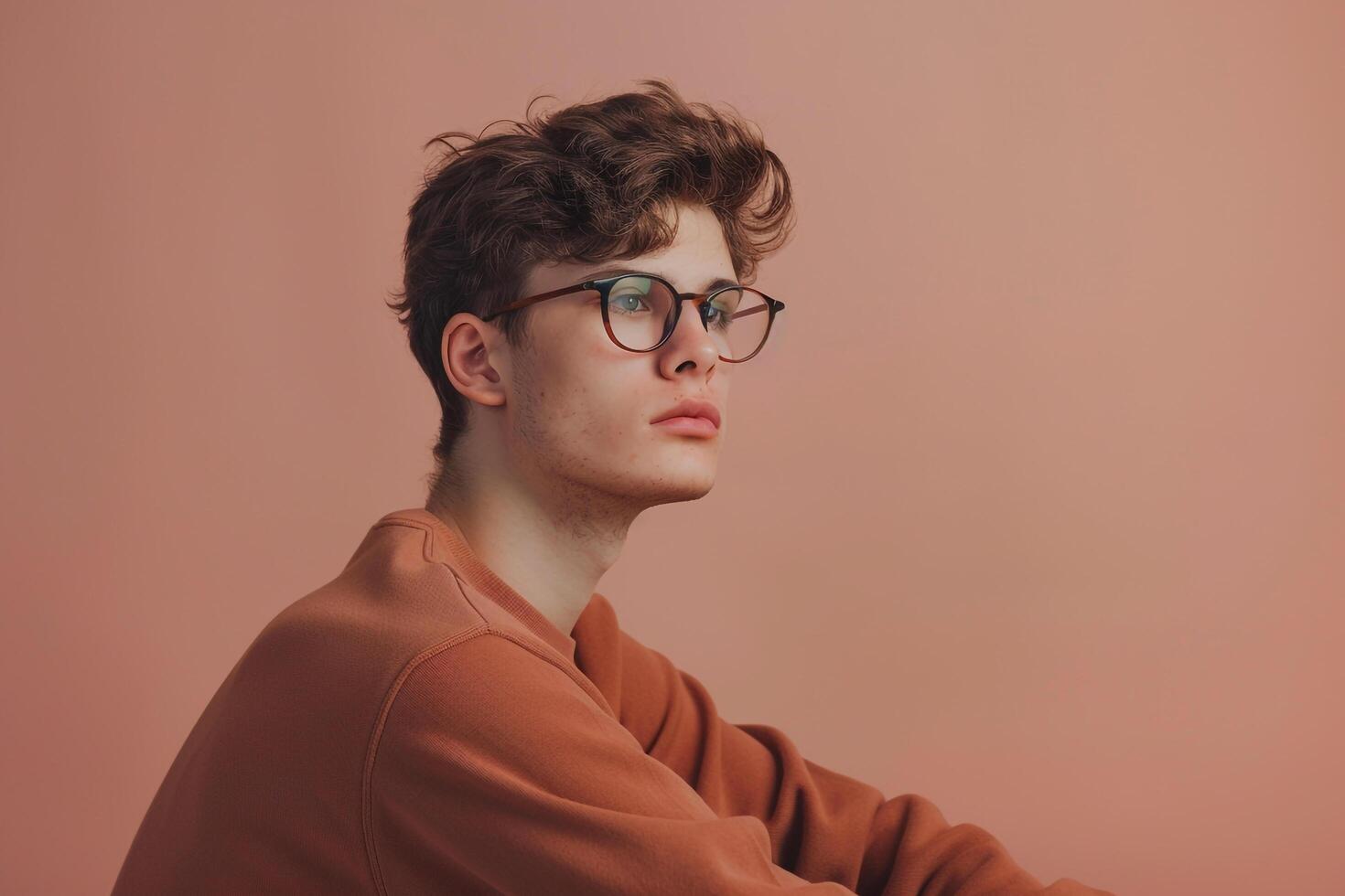 Fashion forward male model in brown pullover and casual glasses dusty rose background capturing a trendy lifestyle with a stylish portrait photo