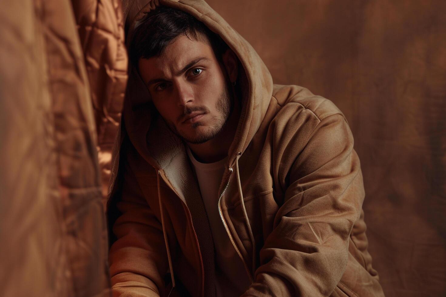 classic zip up hoodie copper background stylish lifestyle portrait highlighting modern fashion trends and casual elegance photo