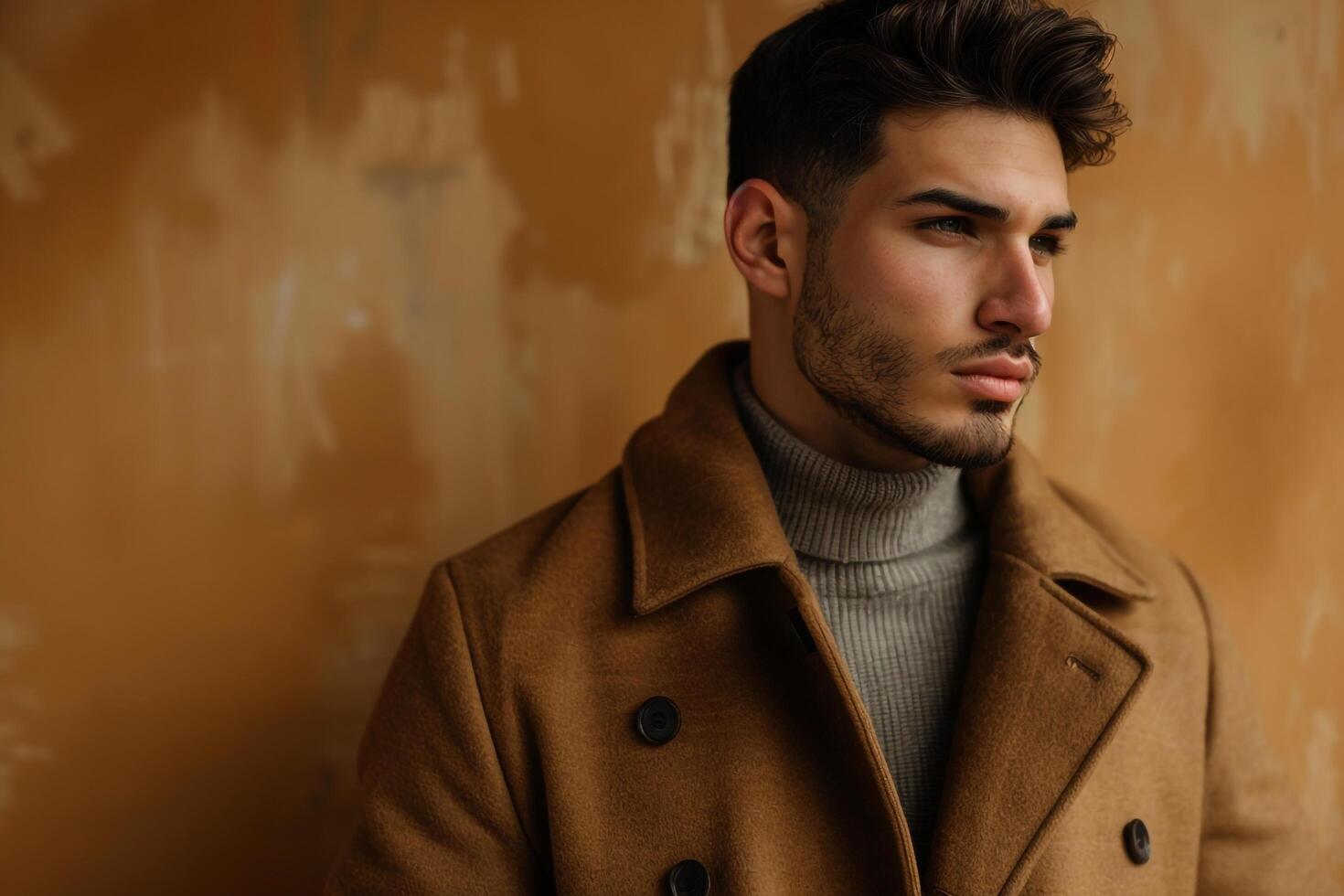 wool blend jacket honey gold background showcasing a chic and modern lifestyle portrait with emphasis on contemporary fashion styles photo