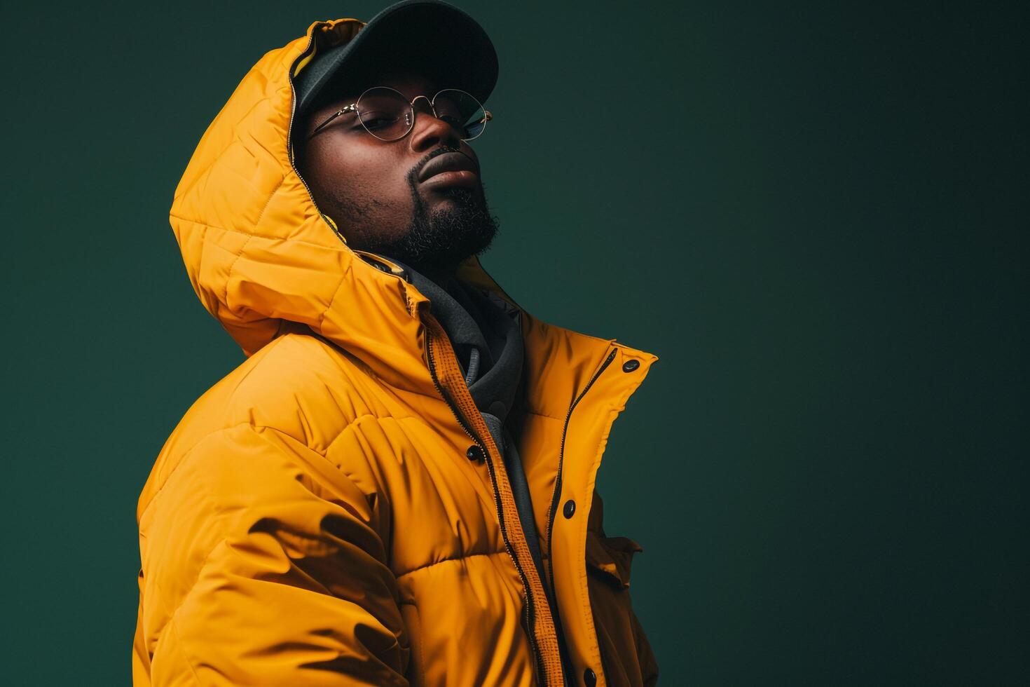 Trendy male model in bright yellow jacket olive green background presenting a stylish and contemporary lifestyle portrait with emphasis on current fashion styles photo