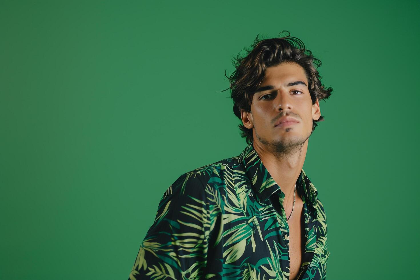 Trendy male model in printed long sleeve bright green background presenting a chic and fashionable lifestyle portrait with focus on contemporary fashion styles photo