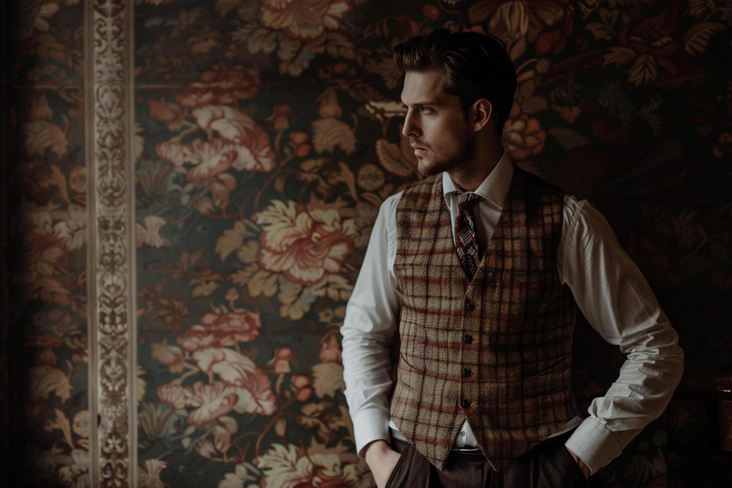 Fashionable male model in classic vest vintage wallpaper background featuring a stylish and timeless lifestyle portrait with a focus on modern fashion trends photo