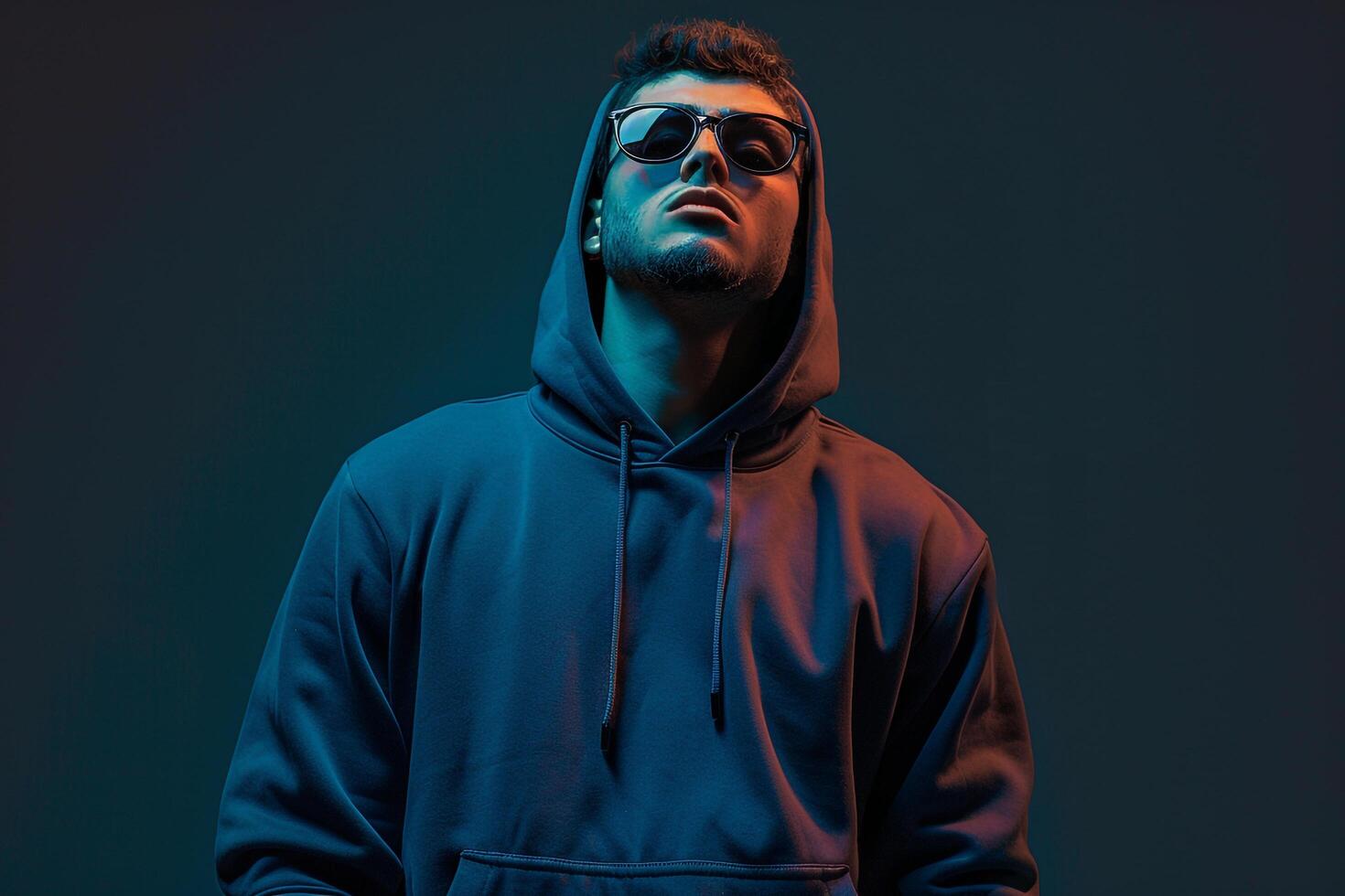 Stylish male fashion model in hoodie and eyewear charcoal black background showcasing a modern and fashionable lifestyle portrait with emphasis on contemporary fashion photo