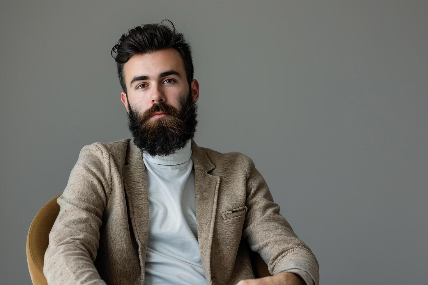 Bearded outfit with soft stone gray background presenting a relaxed and stylish lifestyle portrait with a focus on contemporary fashion photo