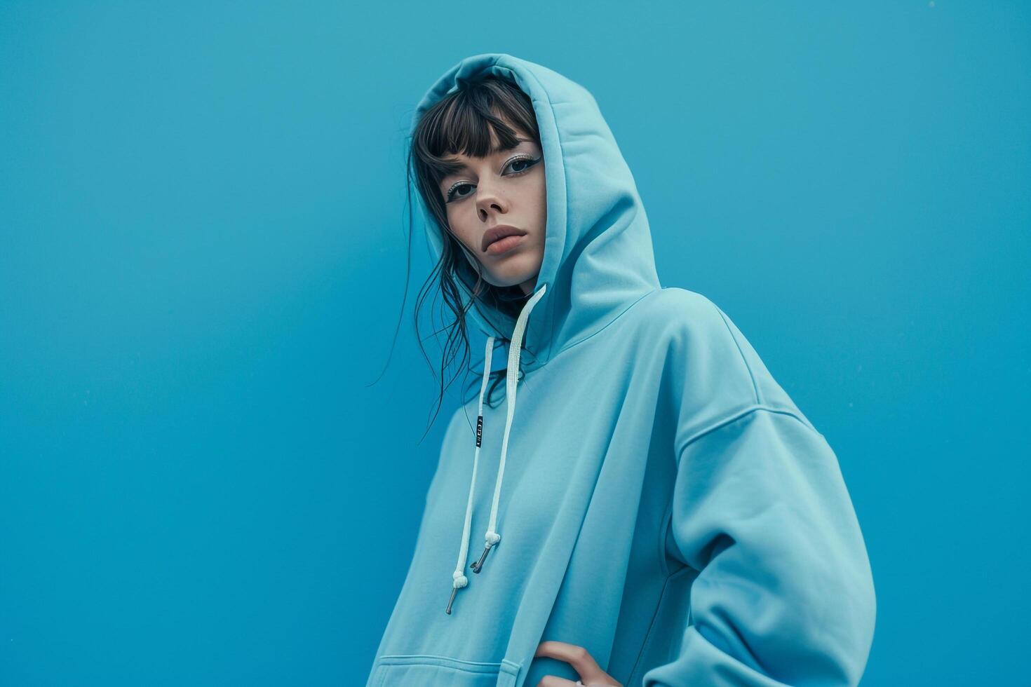 Casual Lifestyle portrait of Male in Soft Azure Trendy Hoodie Fashionable Look with a Relaxed Style and Hands On Hip pose photo