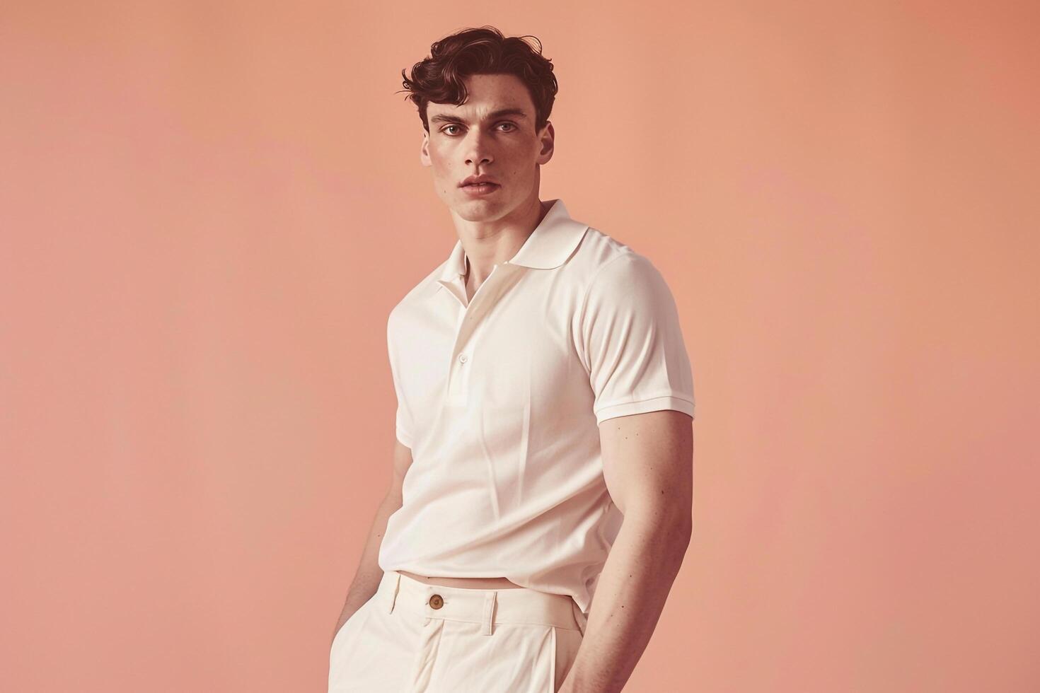 Stylish Casual portrait of Male in Light peach Fashion polo Shirt Trendy and Modern Fashion StateMalet for the Contemporary Man photo