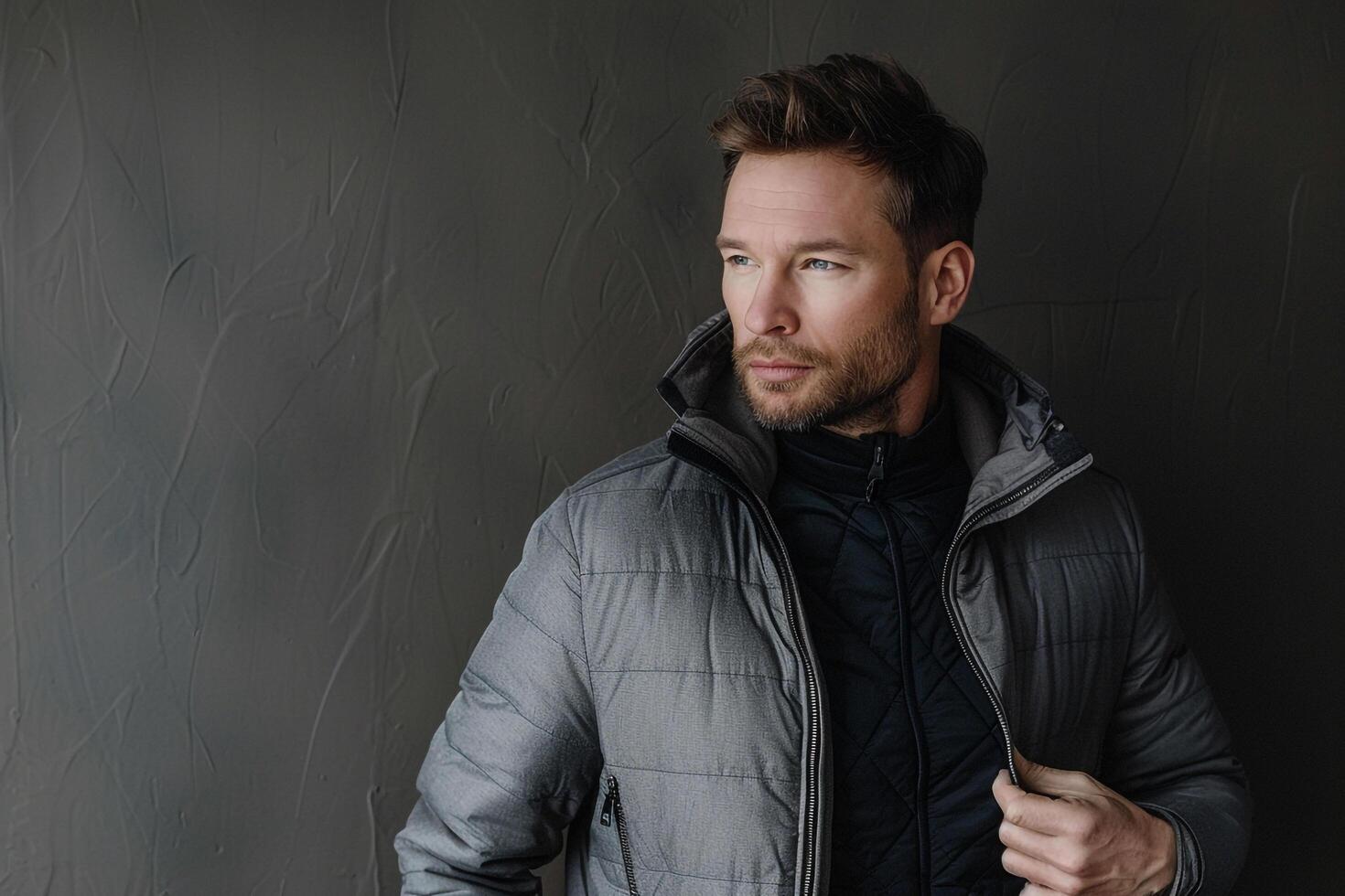 Fashionable Lifestyle portrait of Male in Fashion Zip Up Jacket Trendy and Modern Look with a Chic Contemporary Style photo