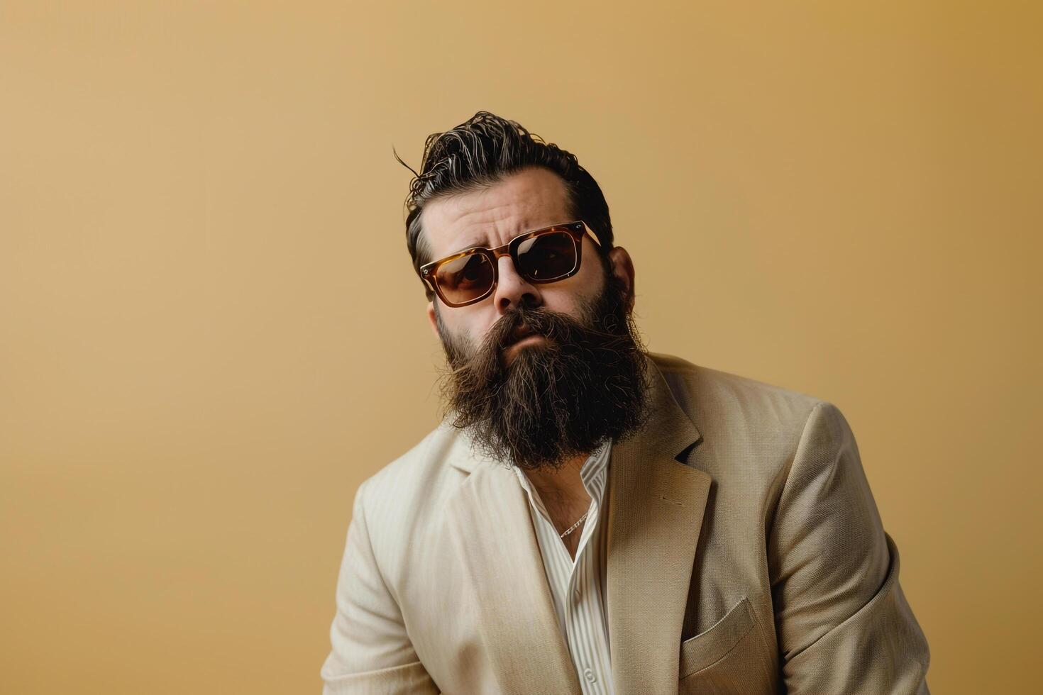 Trendy Lifestyle portrait Featuring Bearded Male with eyewear in Cream Vintage Suit Stylish and Classic Fashion StateMalet photo