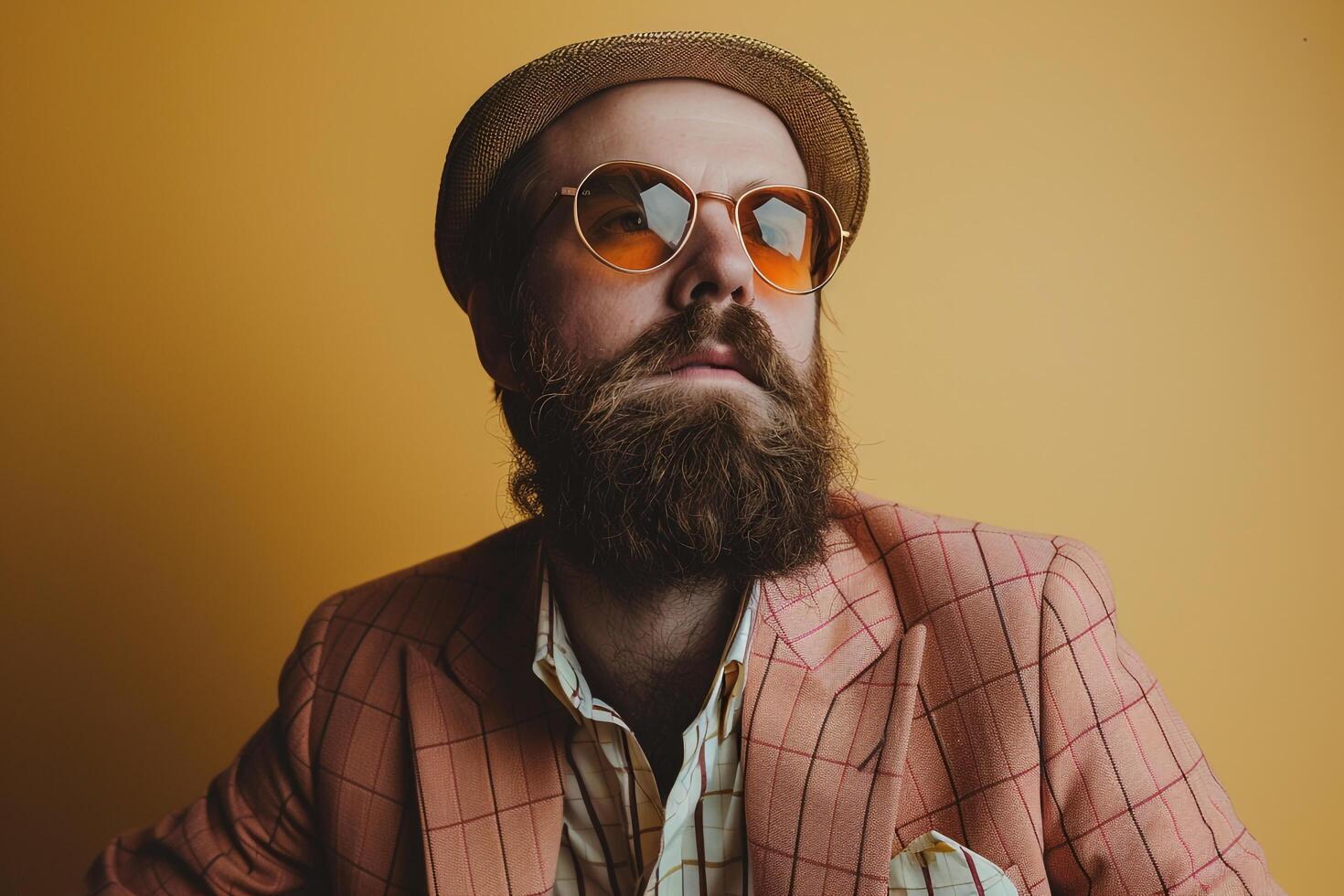 Bearded Handsome Male Fashion Model with eyewear in Vintage Suit Lifestyle portrait with a Cream Background Highlighting a Classic Fashion Look photo