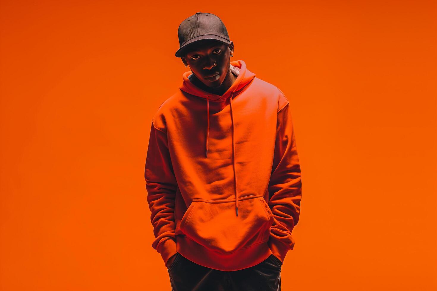 Trendy Hoodie portrait of Handsome Male with Sunset Orange Background Fashionable and Stylish Lifestyle Look photo
