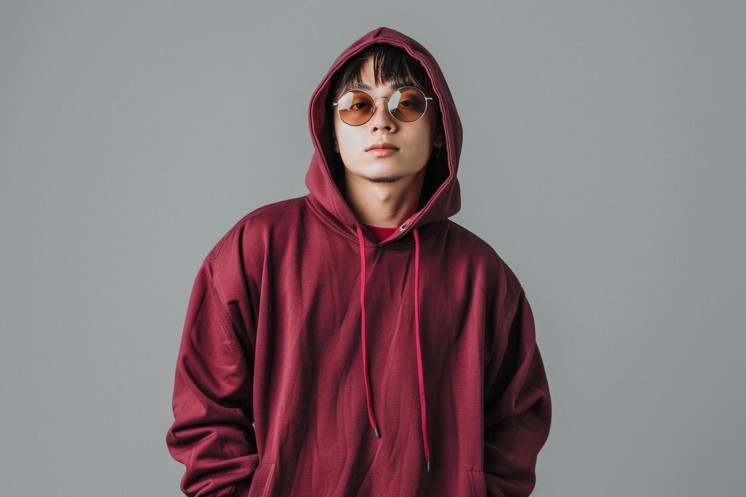 Stylish Deep Burgundy Hoodie with Classic Round Glasses Against Outfit Background Featuring Modern Lifestyle Look photo