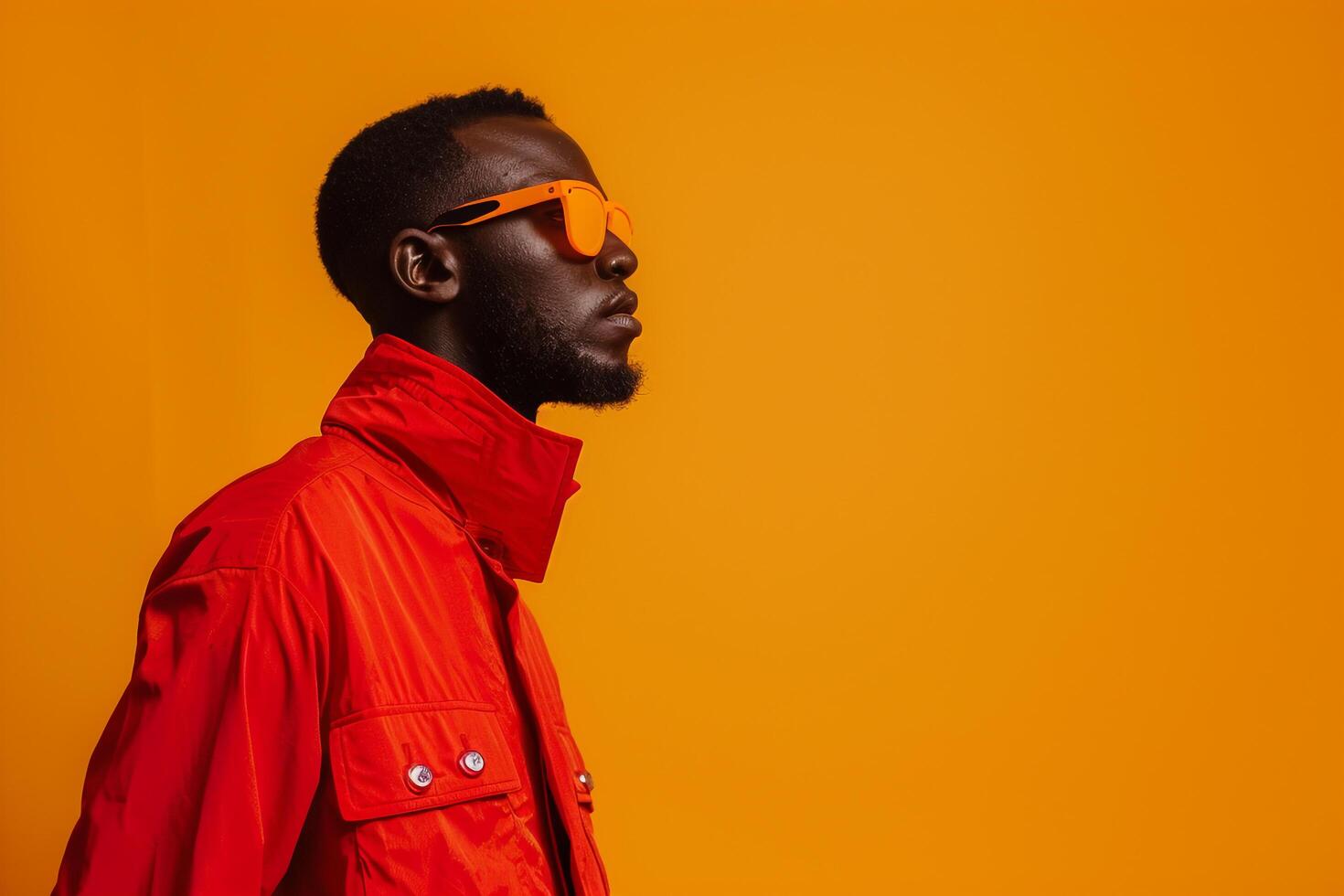 Contemporary Male Fashion Model in Bright Red Clothwear Jacket with Stylish eyewear Against Orange Background Showcasing Trendy Lifestyle Look photo