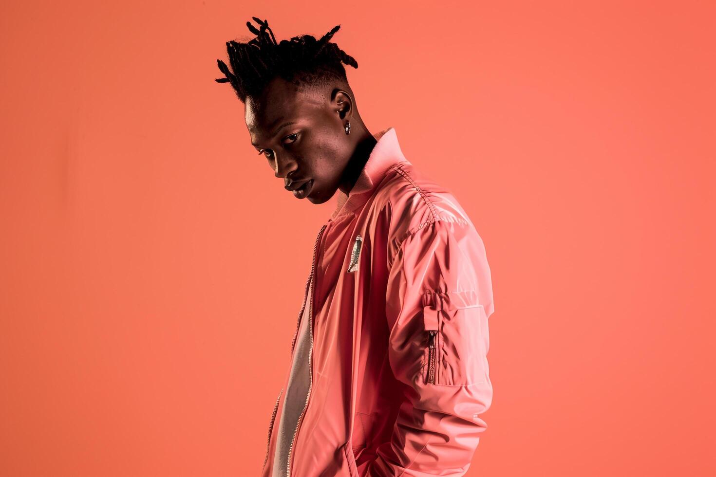 Stylish Male Fashion Model in Zip Up Jacket with Bright Coral Background emphasizing Chic and Trendy Lifestyle Fashion Look photo