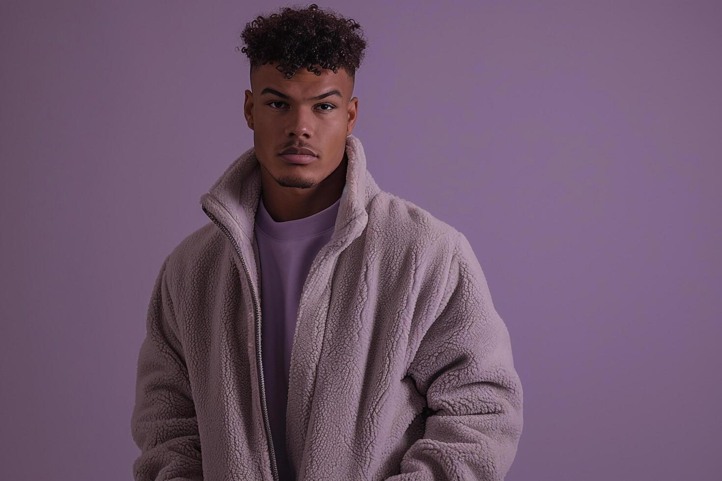 Handsome male model in a fleece jacket with a soft lavender background showcasing a stylish and contemporary lifestyle with a chic appeal in Males fashion photo