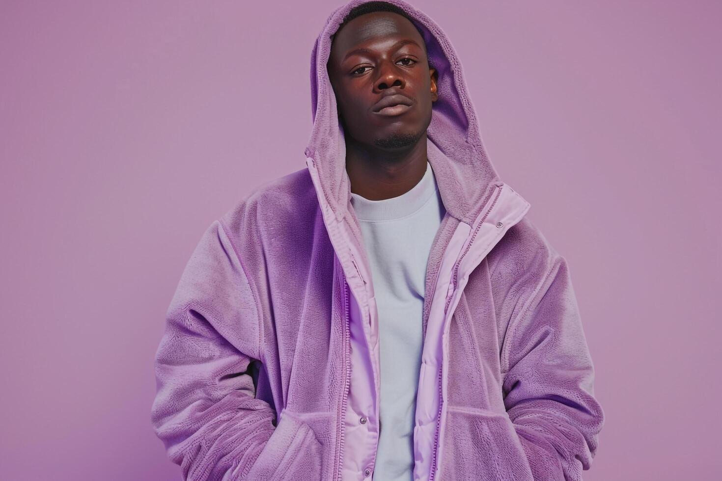 fleece jacket with a soft lavender background featuring a contemporary and stylish lifestyle with a chic appeal in Males fashion photo