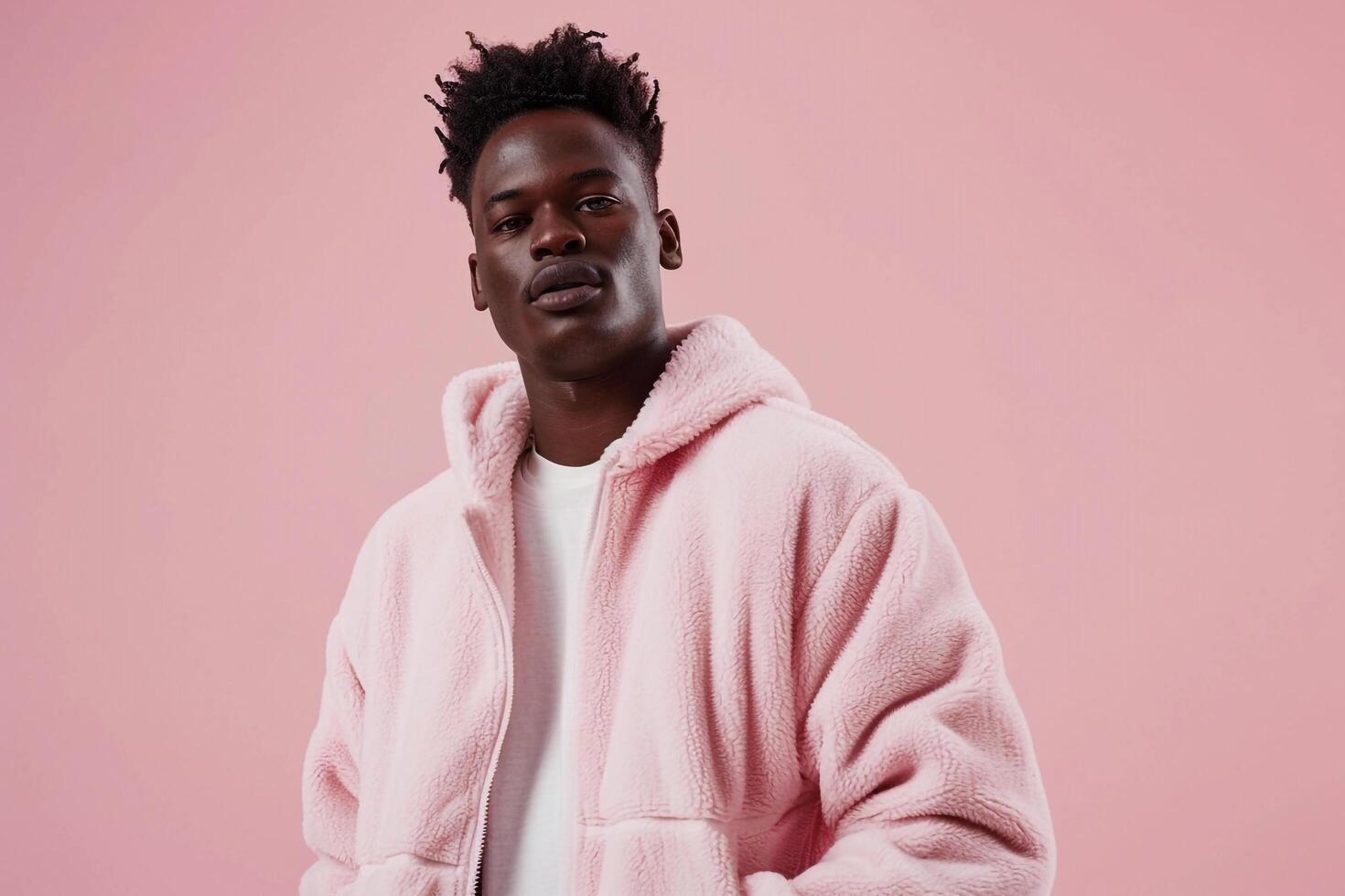 Handsome male model in a fleece jacket with a soft pink background highlighting a chic and contemporary lifestyle in Males fashion with a stylish flair photo