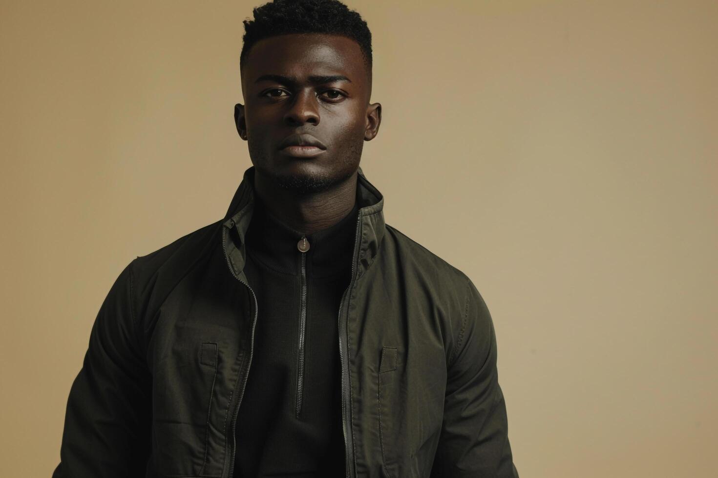 Trendy male fashion model in a zip up jacket with a light olive background showcasing a modern and stylish lifestyle with a chic appeal in Males fashion photo