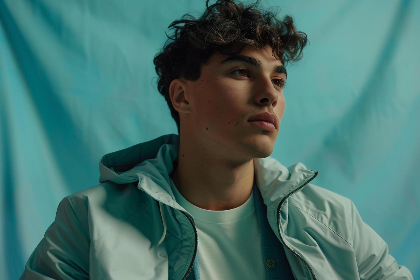 Contemporary male fashion model in a zip up jacket against a soft mint background featuring a modern and stylish lifestyle and fashion look photo