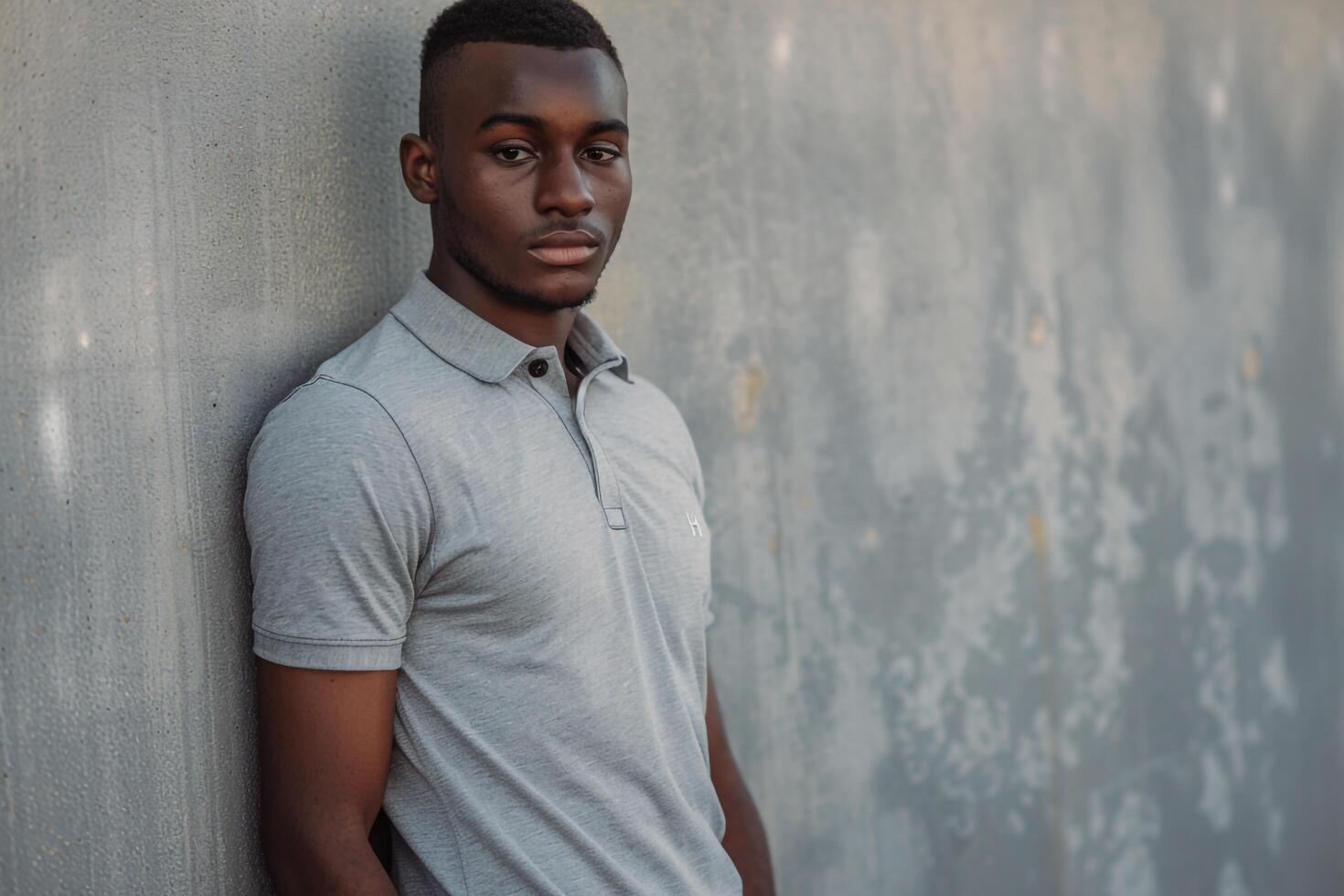 Relaxed male fashion model in a polo shirt with a sky grey background featuring a stylish and contemporary lifestyle with a laid back fashion appearance photo
