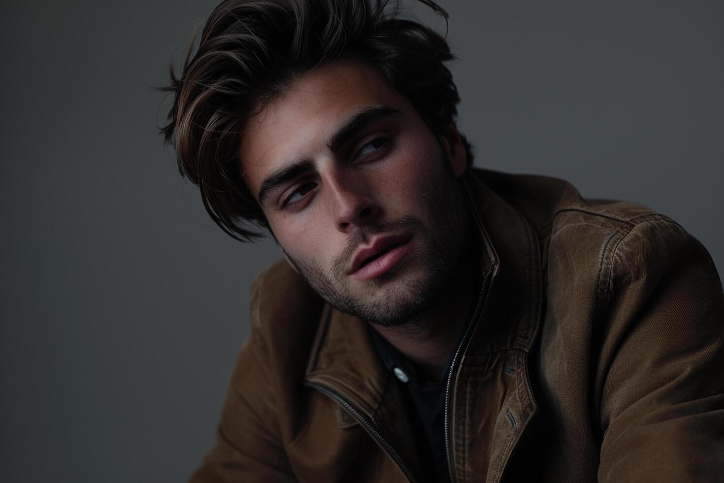 elegant male fashion model in a zip up jacket with a pale gray background highlighting a sophisticated and stylish contemporary lifestyle photo