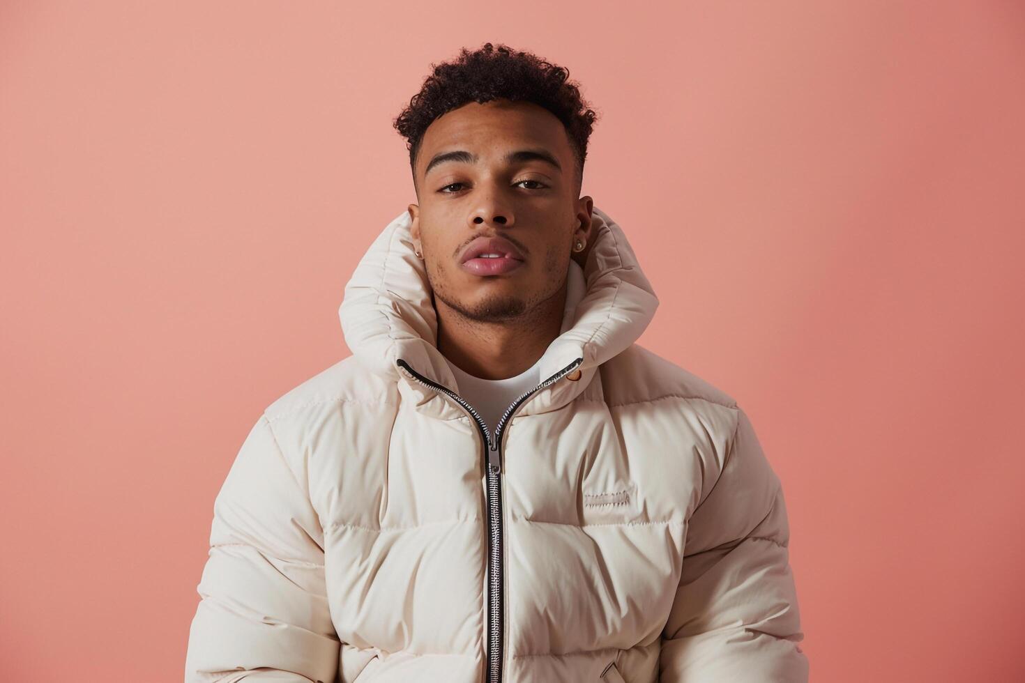 Trendy male fashion model in a zip up jacket with a peach pink background featuring a stylish lifestyle and fashionable appearance with a contemporary flair photo