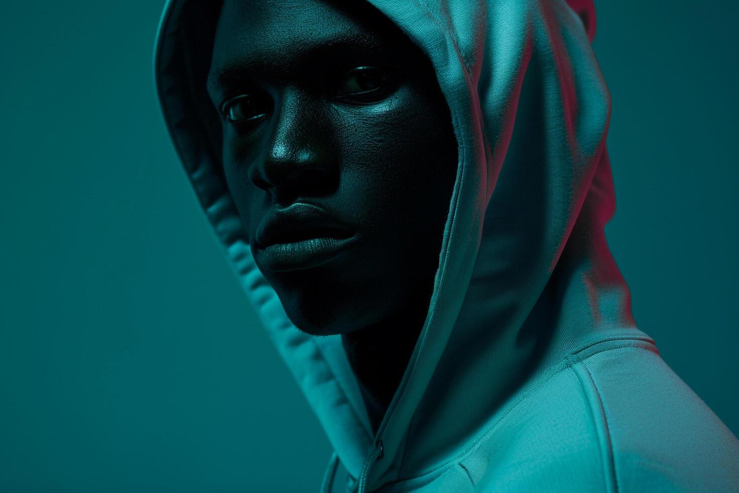 Fashionable male model in a hoodie with a deep teal background showcasing a stylish and contemporary look with an energetic lifestyle photo