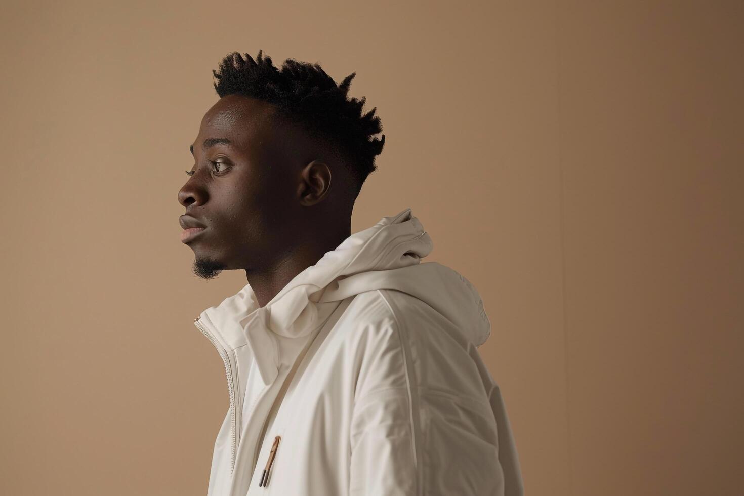 Fashionable male model in a zip up jacket with a soft beige background featuring a stylish look and a contemporary lifestyle photo