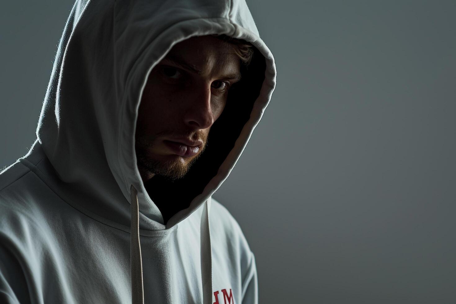 Relaxed male fashion model in a hoodie with a smoke gray background showcasing a casual and stylish lifestyle with a trendy fashion appearance photo