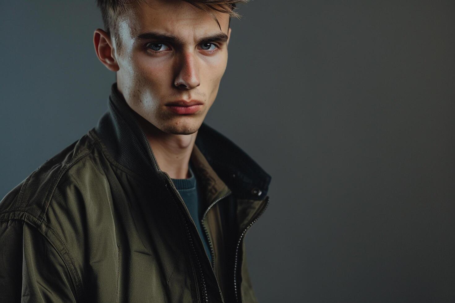 Modern male fashion model in a zip up jacket with a costume gray background featuring a stylish fashion look and a trendy lifestyle photo