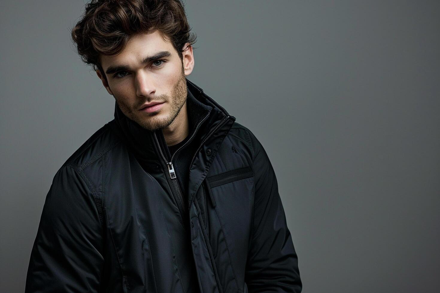 Stylish male fashion model in a zip up jacket with a costume gray background highlighting a fashionable look and a relaxed lifestyle photo