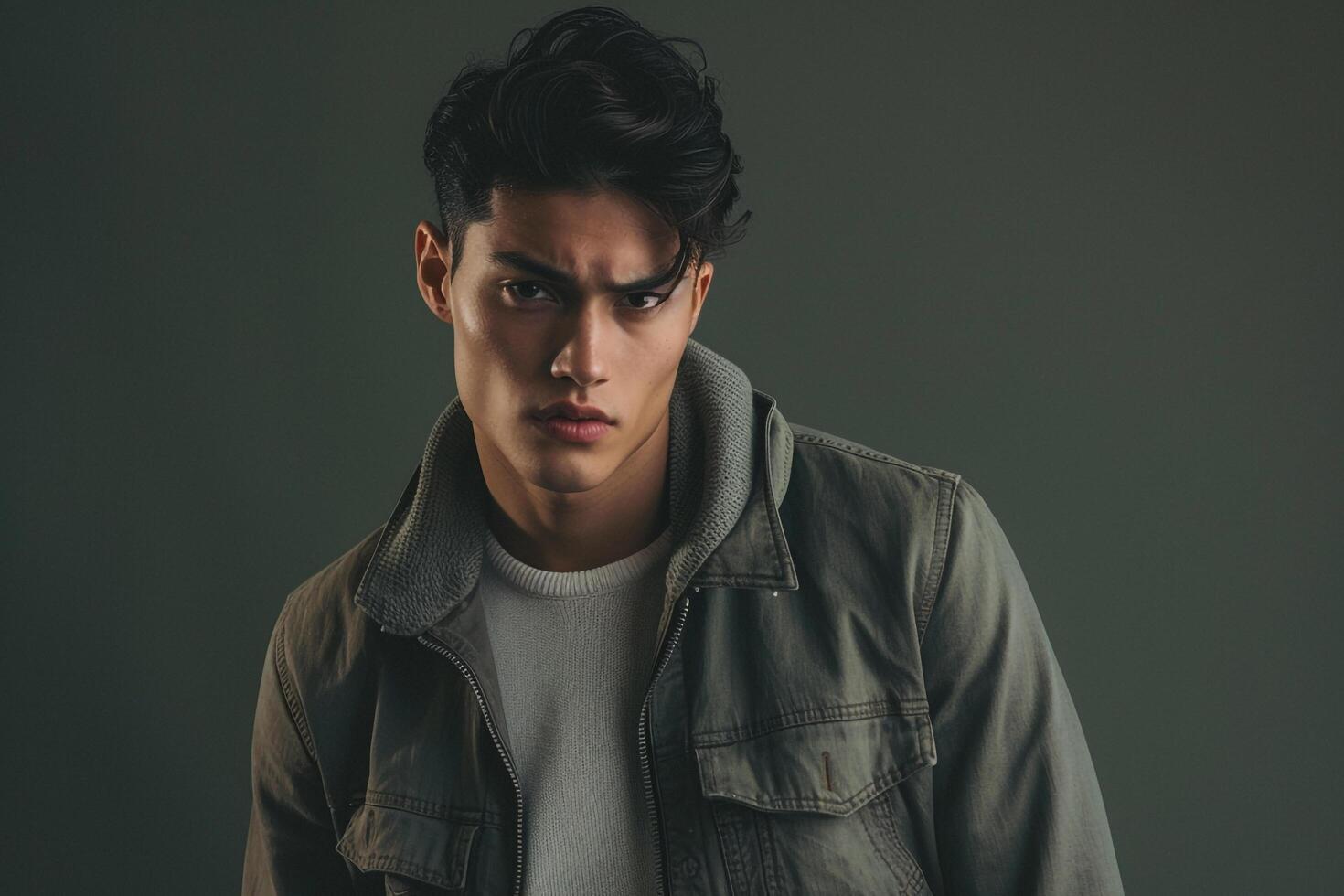 Fashionable male fashion model in a zip up jacket with a dark sage background showcasing a stylish look and a contemporary lifestyle photo