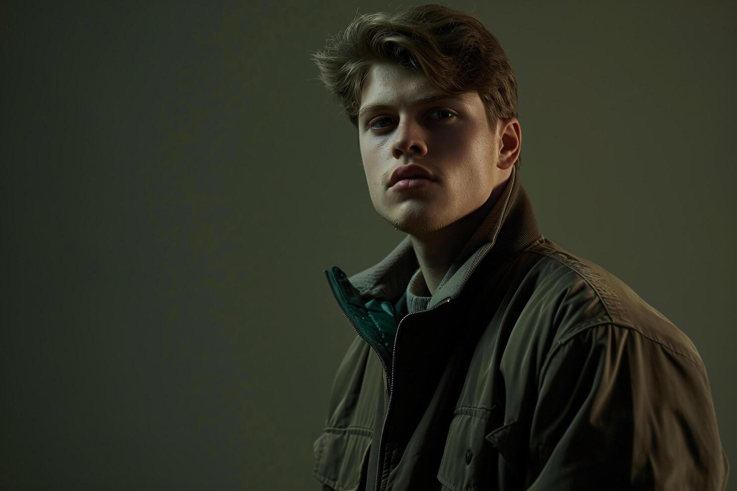 Chic male fashion model in a zip up jacket with a dark sage background highlighting a modern fashion look and a serene lifestyle photo