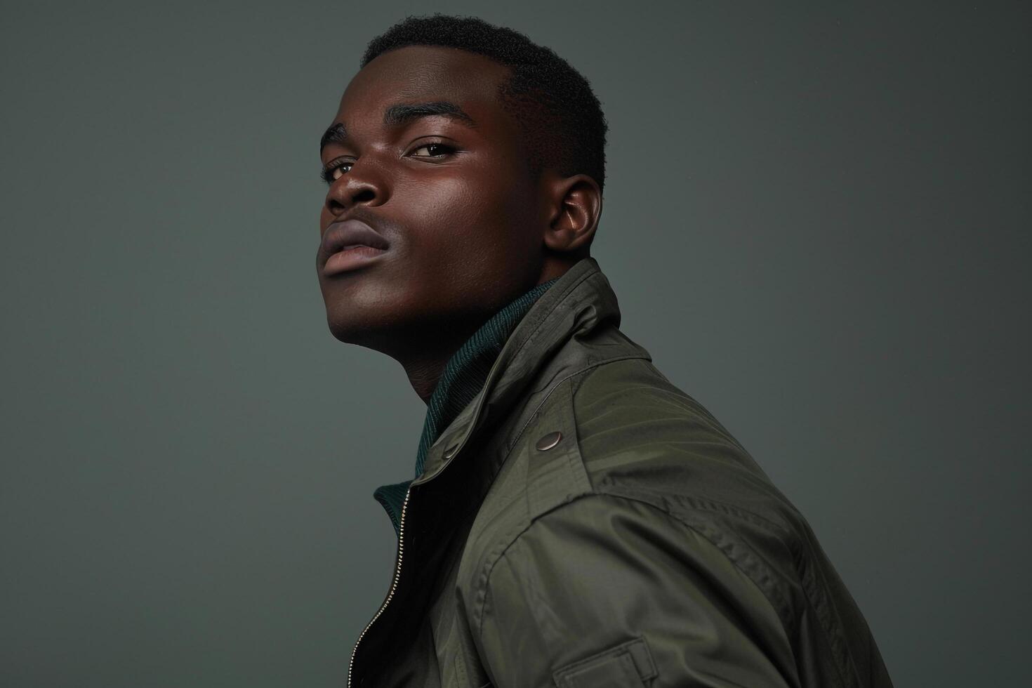 Modern male fashion model in a zip up jacket with a dark sage background showcasing a chic fashion appearance and a laid back lifestyle photo